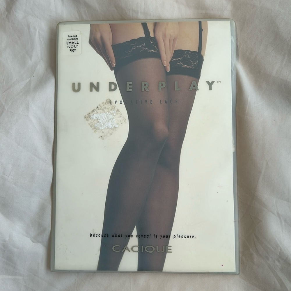 Cacique Underplay Evocative Lace Top Stockings Ivory Size Small NWT